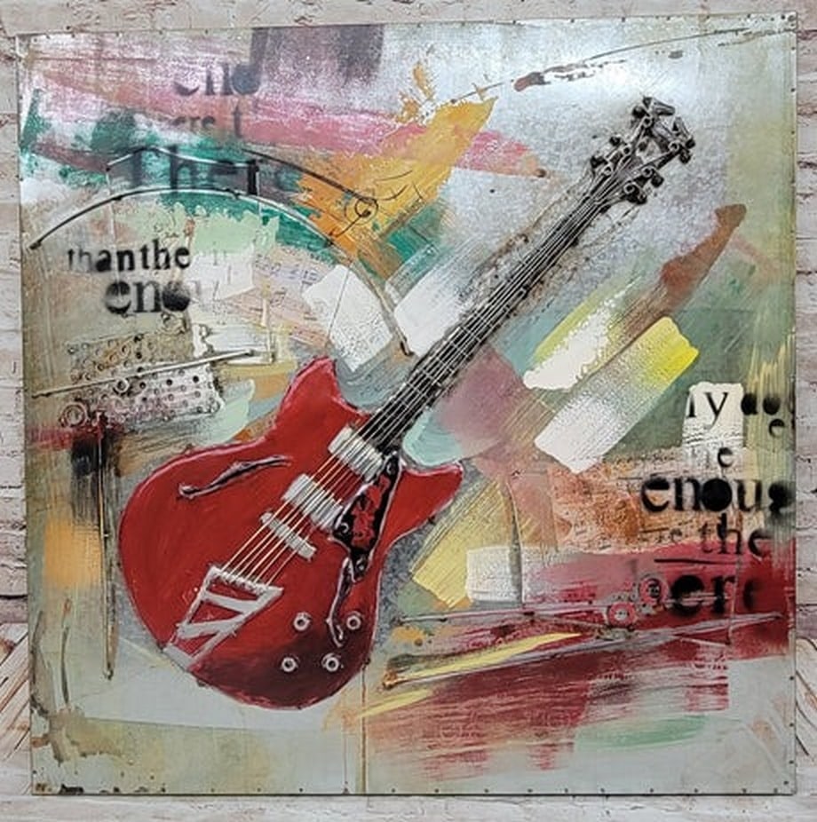 100% Hand Painted Oil Painting With 3D Metal Art Red Guitar 32 X 32 Inches: Total Dimensions: Height 32'' x Width 32''Approximate Weight: 11 LBSOriginal Reproduction: Original