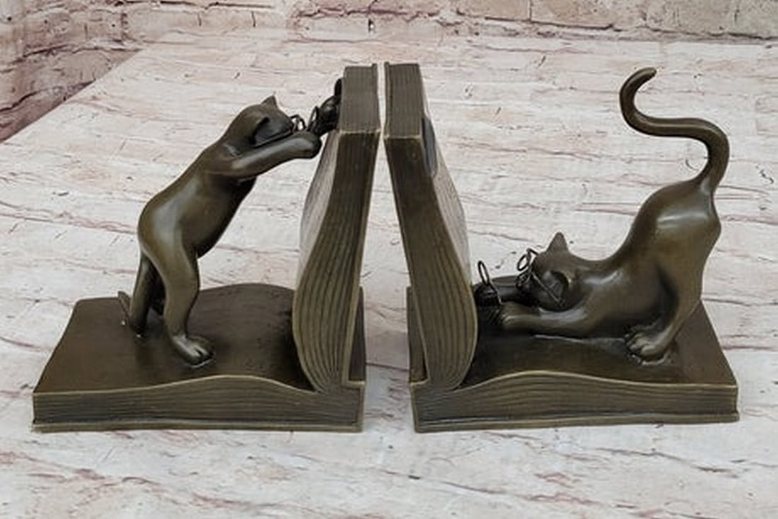 Signed Original Two Playful Cat Bookends Book Ends Bronze Sculpture (1 of 3)