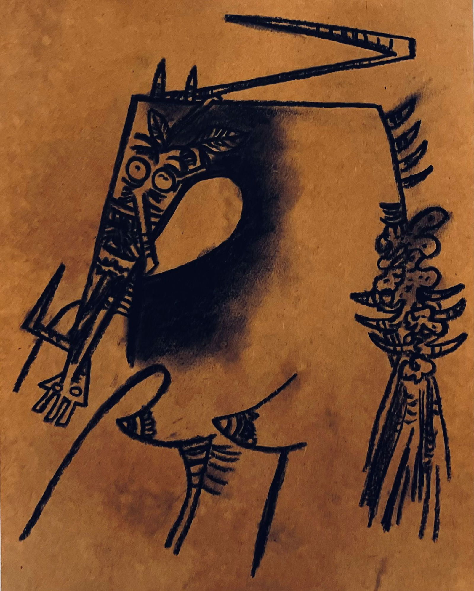 Wifredo Lam COA: 11 x 8.5 inches. Sketch in charcoal and Kraft paper.
