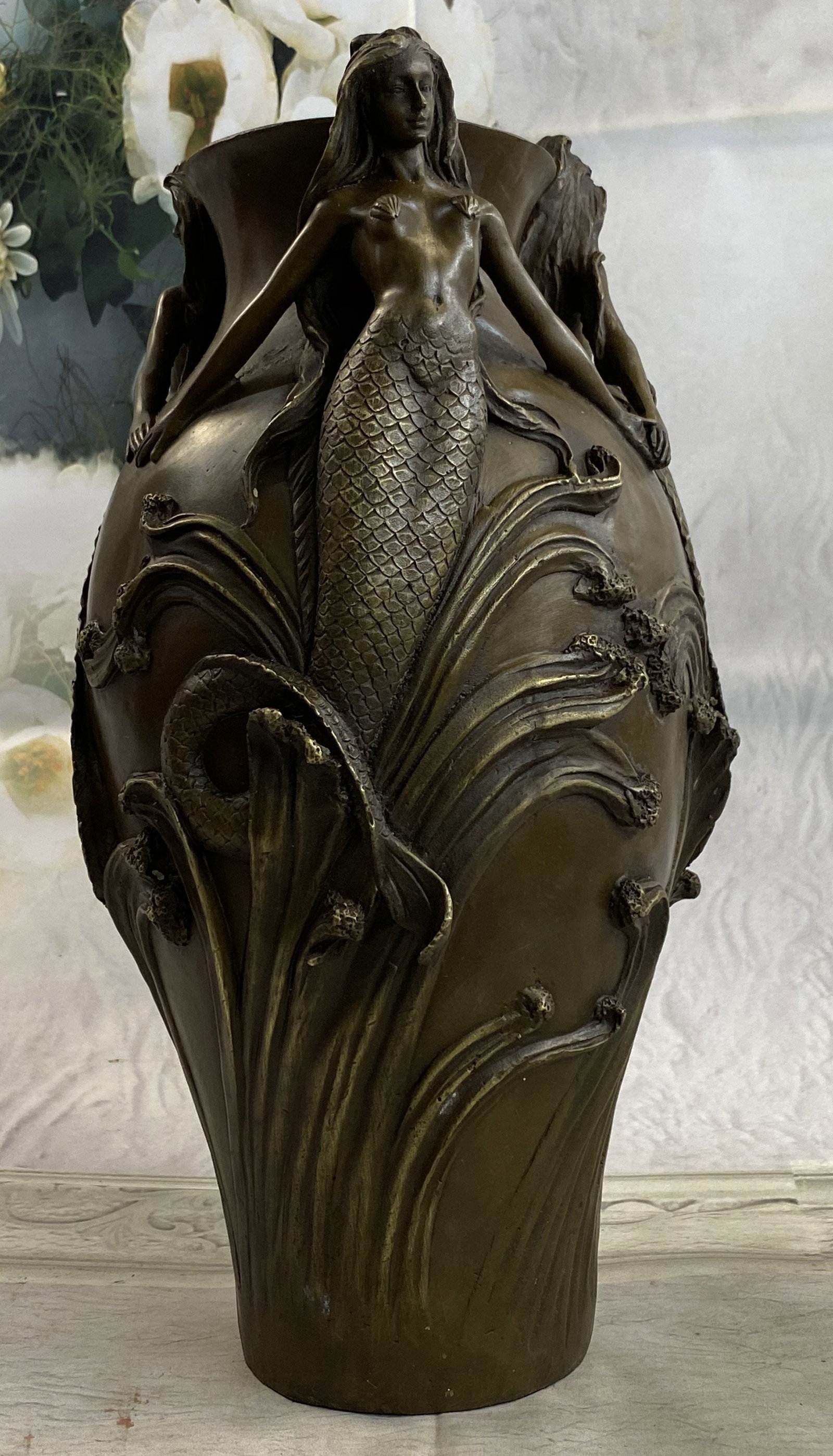 Milo Three Beautiful Mermaid Mermaids Flower Vase Bronze: Total Dimensions: Height 14'' x Width 8''Approximate Weight: 15 LBSOriginal Reproduction: Original