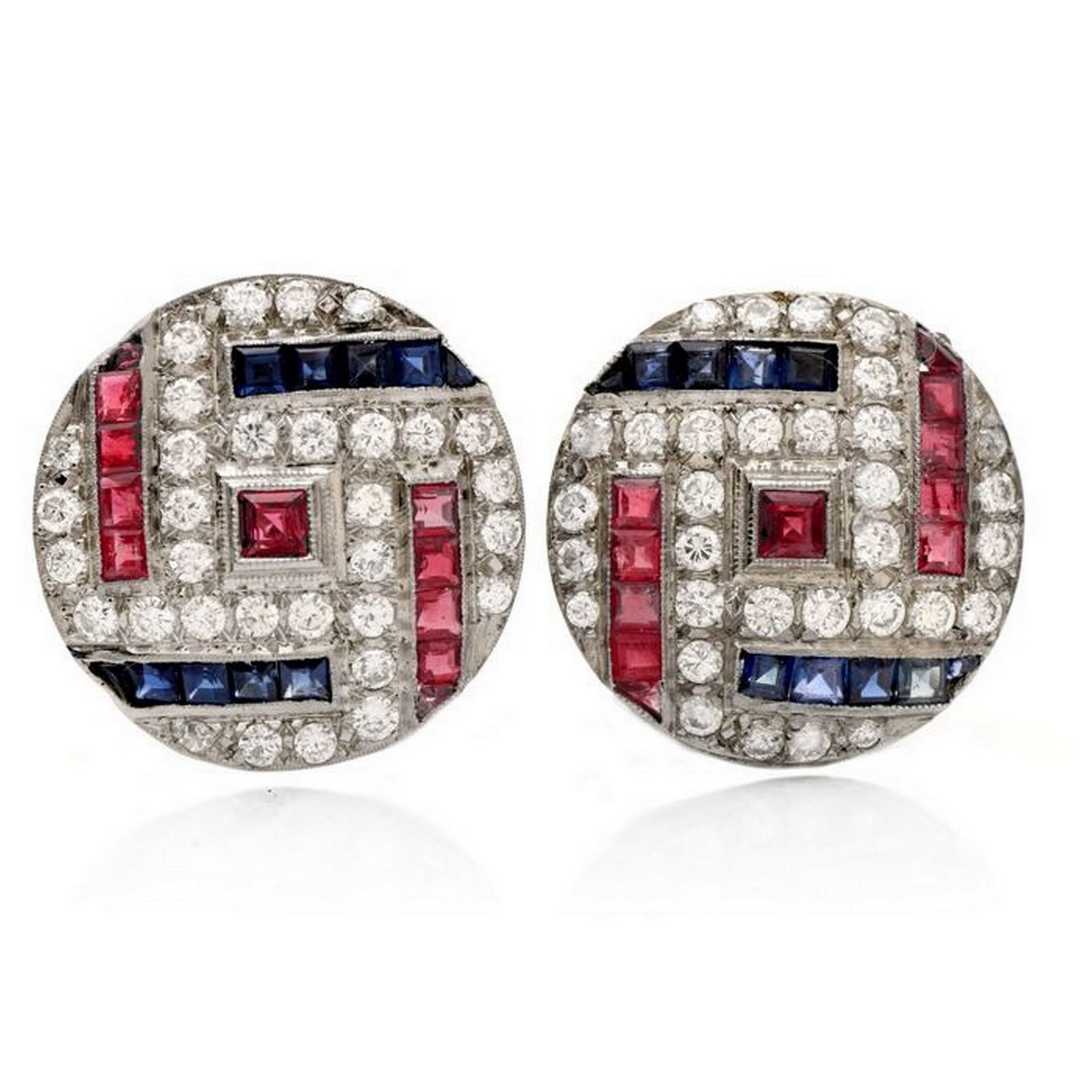 Vintage Retro Diamond Sapphire Ruby Platinum Round Clip Back Earrings (1 of 4)