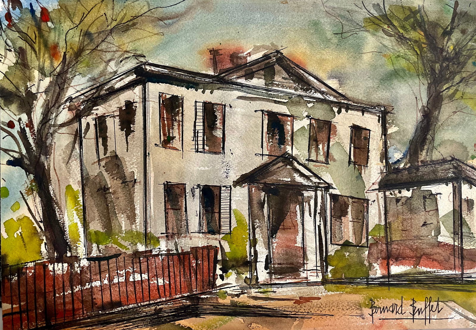 Manner of Bernard Buffet: 13"x 18" Watercolor and ink on cardboard