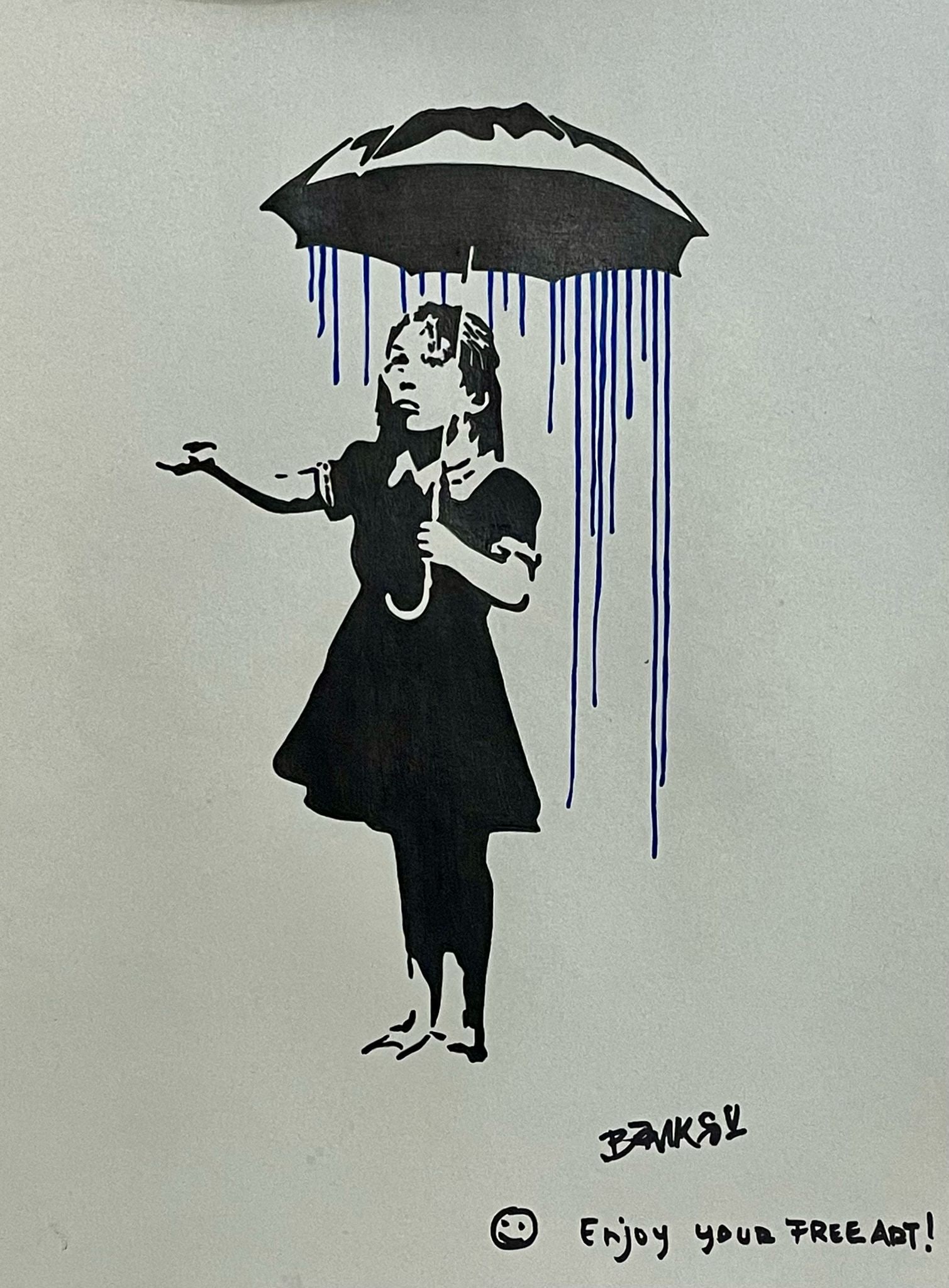 Banksy (Atrib): Girl in the rain. 12 x 8.5 " inches. Painting on Paper.