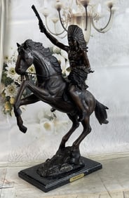 WAR CHIEF Native American Bronze Statue Sculpture Western Art Marble Base 24" x 23"