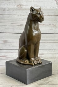 Panther Puma Cougar Cat Bronze Sculpture Statue Figure on Marble Base