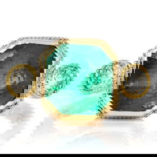 Modern Ascher-cut Emerald Diamond Platinum Three Stone 18k Gold Ring: Exuding femineity and grace, this exquisite, transparent Genuine Emerald, unlike some emeralds, is set in solid platinum and 18k yellow gold, weighing approx. 3.51carat. Subtly surrounded by two Genui