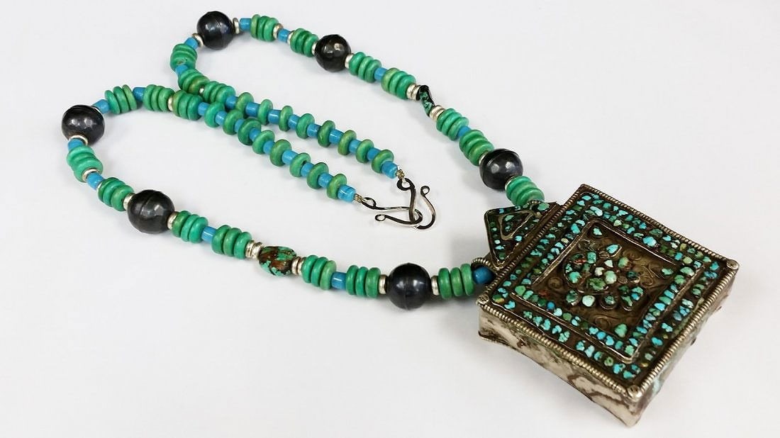 antique tibetan silver prayer turquoise box necklace (1 of 3)