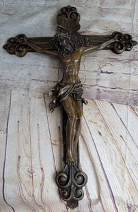 Wall Mount Hanging Bronze Crucifix Sculpture Jesus on Cross Christian Decor 20" x 14": Bronze Dimensions: Height 20" X Width 14"Weight:10 LBSOriginal or Reproduction: Original