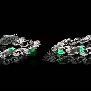 8.88ctw Emerald and 2.87ctw Diamond Platinum Bracelet: One polished, stamped, and tested platinum bracelet mounted with: 8 genuine faceted emeralds weighing approximately 8.88 carats, and 344 genuine round diamonds weighing approximately 2.87 carats. The