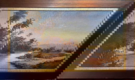Miguel Arias  "Colonial Era": Oilography on Cardboard (work Junto al Rio of 1889). 31 x 52 inches with Frame. 23 x 44 inches without frame.