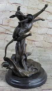 YOUNG FRISKY PUP WITH FRISBEE BRONZE SCULPTURE: Bronze Dimensions with Marble Base: Height 13" X Width 7 1/2"Marble Dimensions: Diameter 7 1/2"Height without base:5 1/2"Weight:12 LBSOriginal or Reproduction: Original