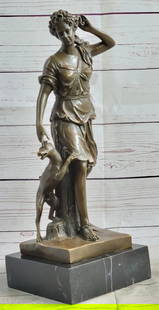 Antoine Coysevox Artemis Diana the Huntress w/ Dog Bronze Sculpture Statue: Bronze Dimensions with Marble Base: Height 14" x Width 5.5"Marble Dimensions: 5.5" X 5.5"Height without base: 13"Approximate Weight: 11 LBSOriginal Reproduction: Reproduction