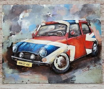 English Miniminer Mini Cooper 3-D Oil Painting on All Metal Canvas Figure: Total Dimensions: Height 32'' x Width 40''Approximate Weight: 14 LBSOriginal Reproduction: Original
