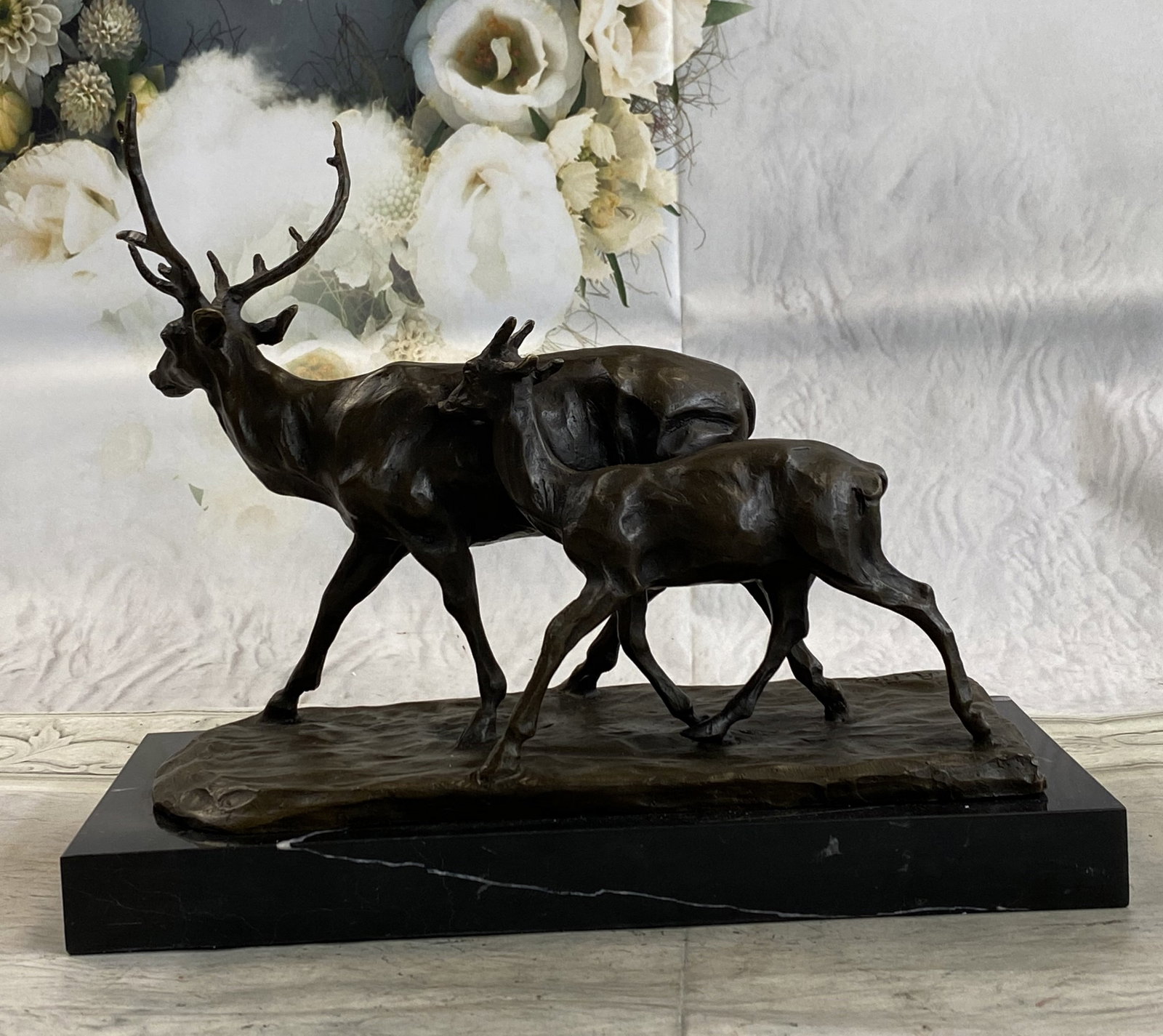 R.Bogatti Elk Deer Bronze Sculpture: Bronze Dimensions with Marble Base: Height 11" X Width 12"Marble size:12" X 5.5"Height without base:10"Weight:17 LBS. Original Reproduction: Reproduction