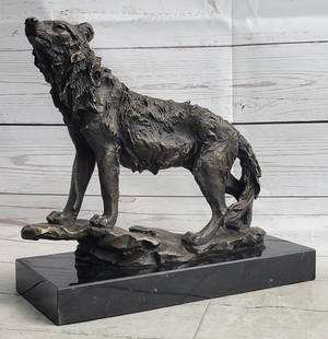 Wolf Bronze Metal Statue Sculpture Figurine Signed Art on Marble Base: Bronze Dimensions with Marble Base: Height 10" X Width 12"Marble Dimensions:11.5" X 5"Height without base:9"Weight:14 LBSOriginal or Reproduction: Reproduction