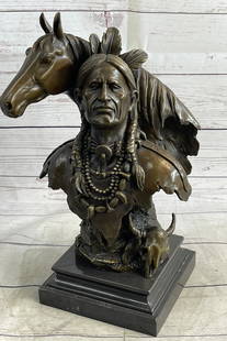 Native American Man & Horse Bronze Bust Statue Sculpture Western Art 14" x 10": Bronze Dimensions with Marble Base: Height 14" X Width 10"Marble Dimensions:6" X6"Height without base:12"Weight:16 LBSOriginal or Reproduction: Original