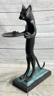 Standing Cat Holding Tray Business Card Holder Bronze Sculpture Statue Original: Bronze Dimensions with Marble Base: 18.5" X 10"Marble Dimensions:10 " X 5"Height without base:17.5"Weight:17 LBSOriginal or Reproduction: Original