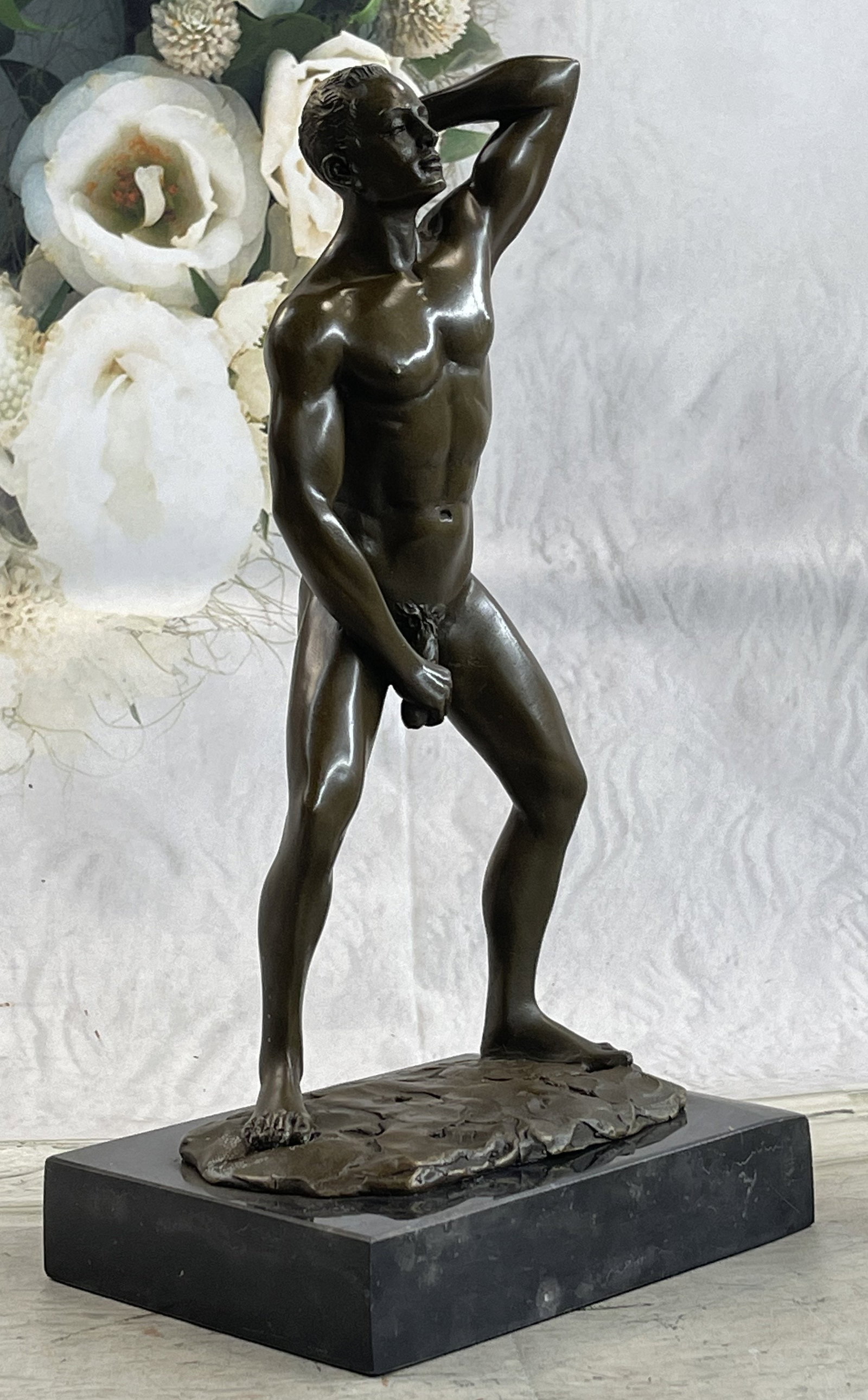 Mavchi Nude Man Bronze Sculpture: Bronze Dimensions with Marble Base: Height 12" X Width 7"Marble Dimensions:7" X 4.5"Height without base:11"Weight:8 LBSOriginal or Reproduction: Reproduction