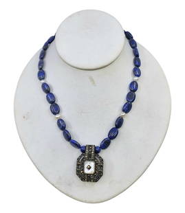 Antique sterling silver Lapis and Pearl necklace: 17' L