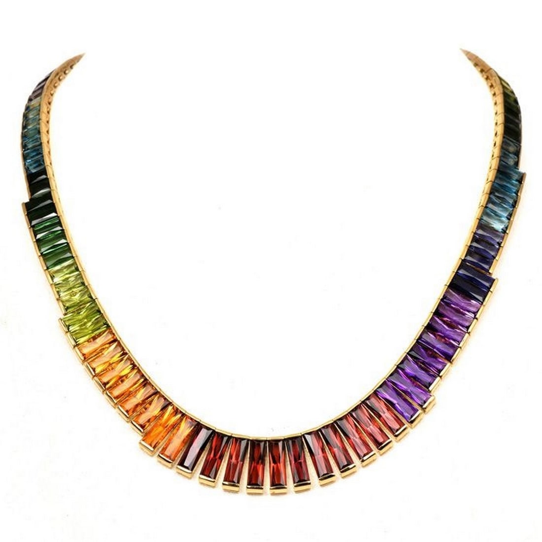 H.Stern Multicolor Gemstones 18K Yellow Gold Rainbow Graduated Link Necklace: This 1980's H.Stern necklace is crafted in solid 18K yellow gold, with a selection of multicolor gemstones. With 103 links in total, with graduated sizes of a fancy baguette rectangular cut, half beze