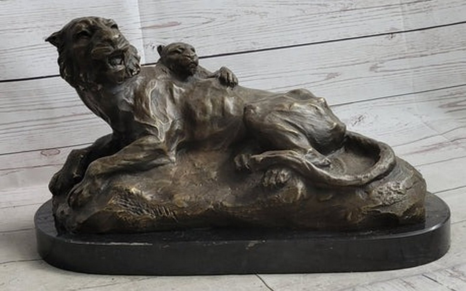 Lion Tiger & Cub Bronze Statue Sculpture Wildlife Figure Decor Handmade Art (1 of 4)
