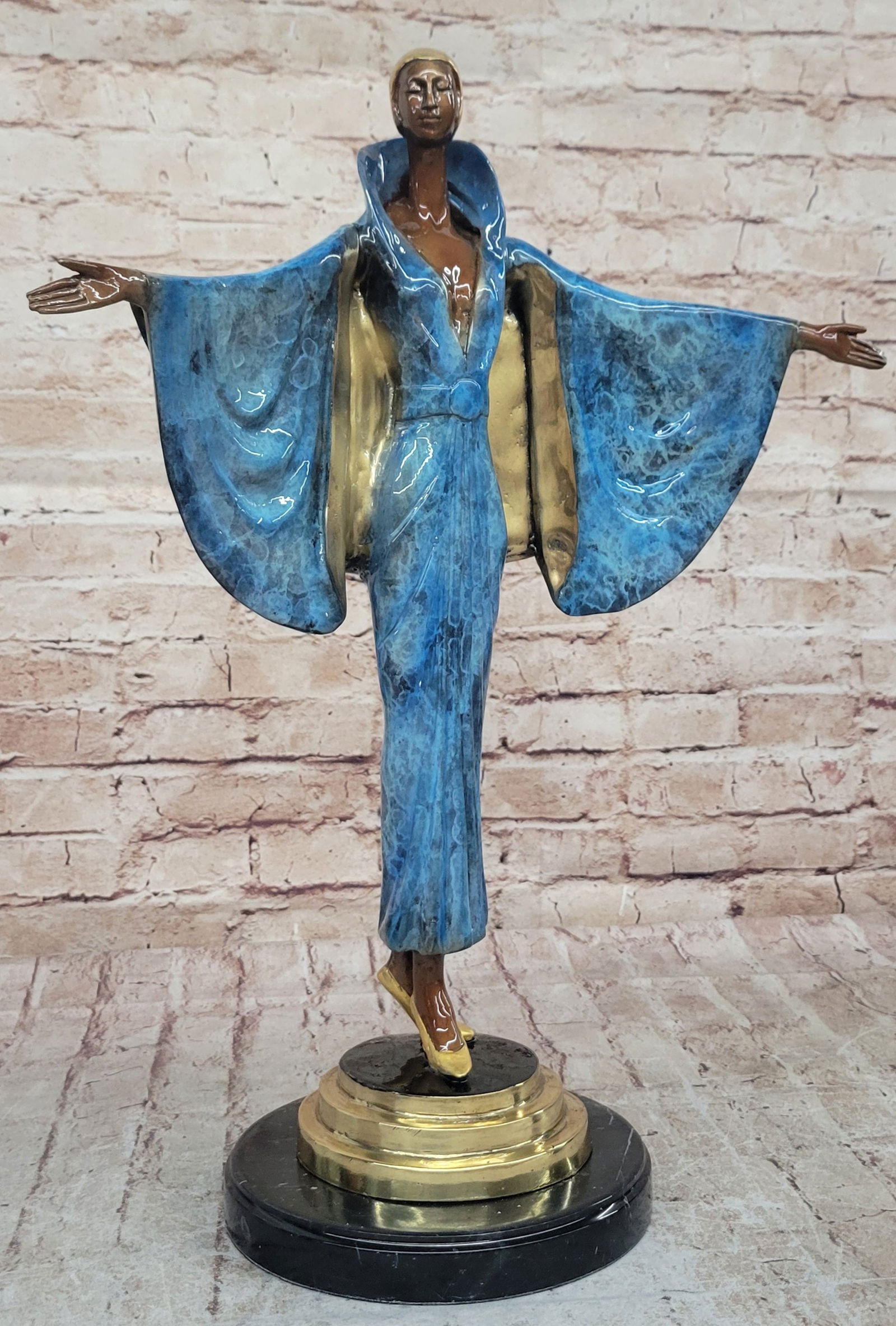 Julius Erte Art Deco Bronze Fashion Model Showgirl Sculpture Statue Glazed Patina 19" x 15": Bronze Dimensions with Marble Base: Height 19" X Width 15"Marble Dimensions: Diameter 7"Height without base:18"Weight:15 LBSOriginal or Reproduction: Reproduction