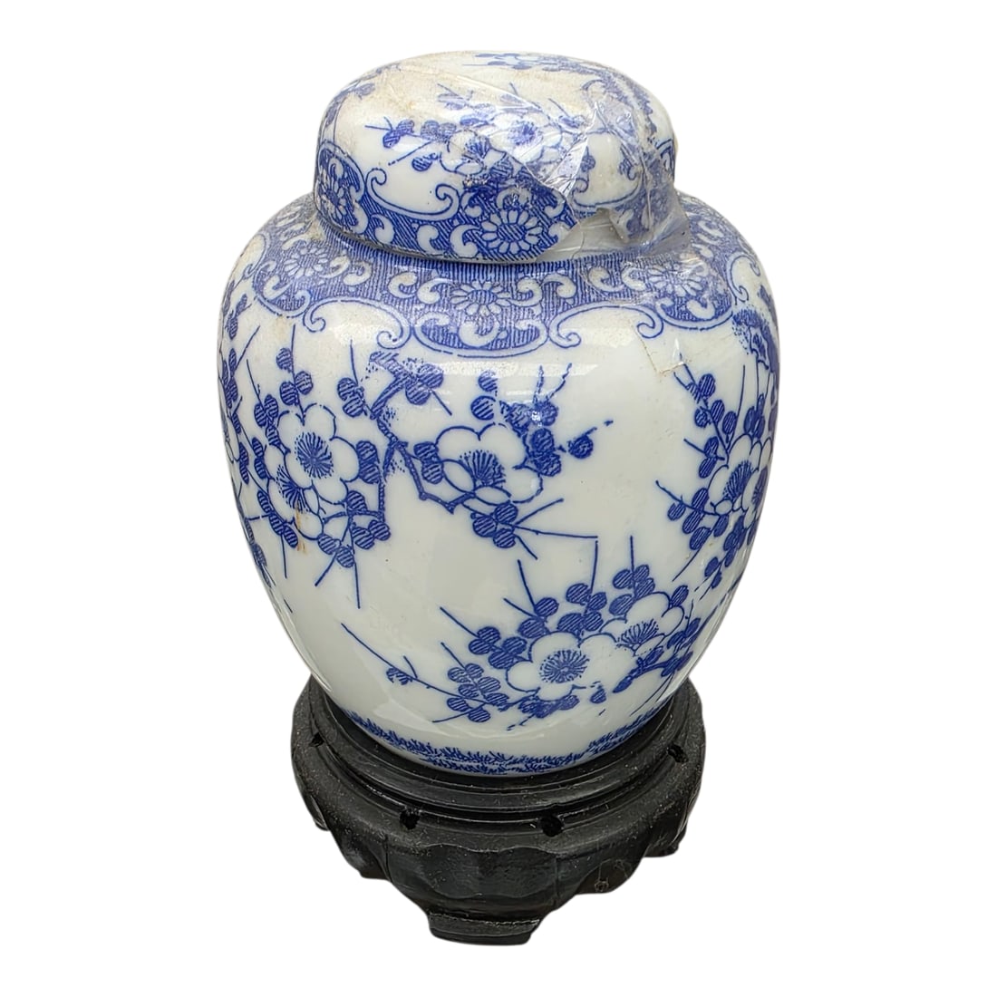 Vtg 5? Ginger Jar Urn Tokusei Style Sakura Blossom Blue White Japan: excellent condition