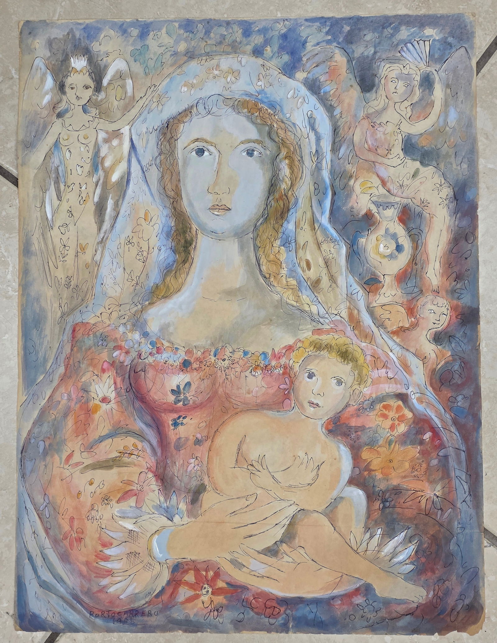 Mixed media on paper signed Portocarrero 1975: 24" x 18"