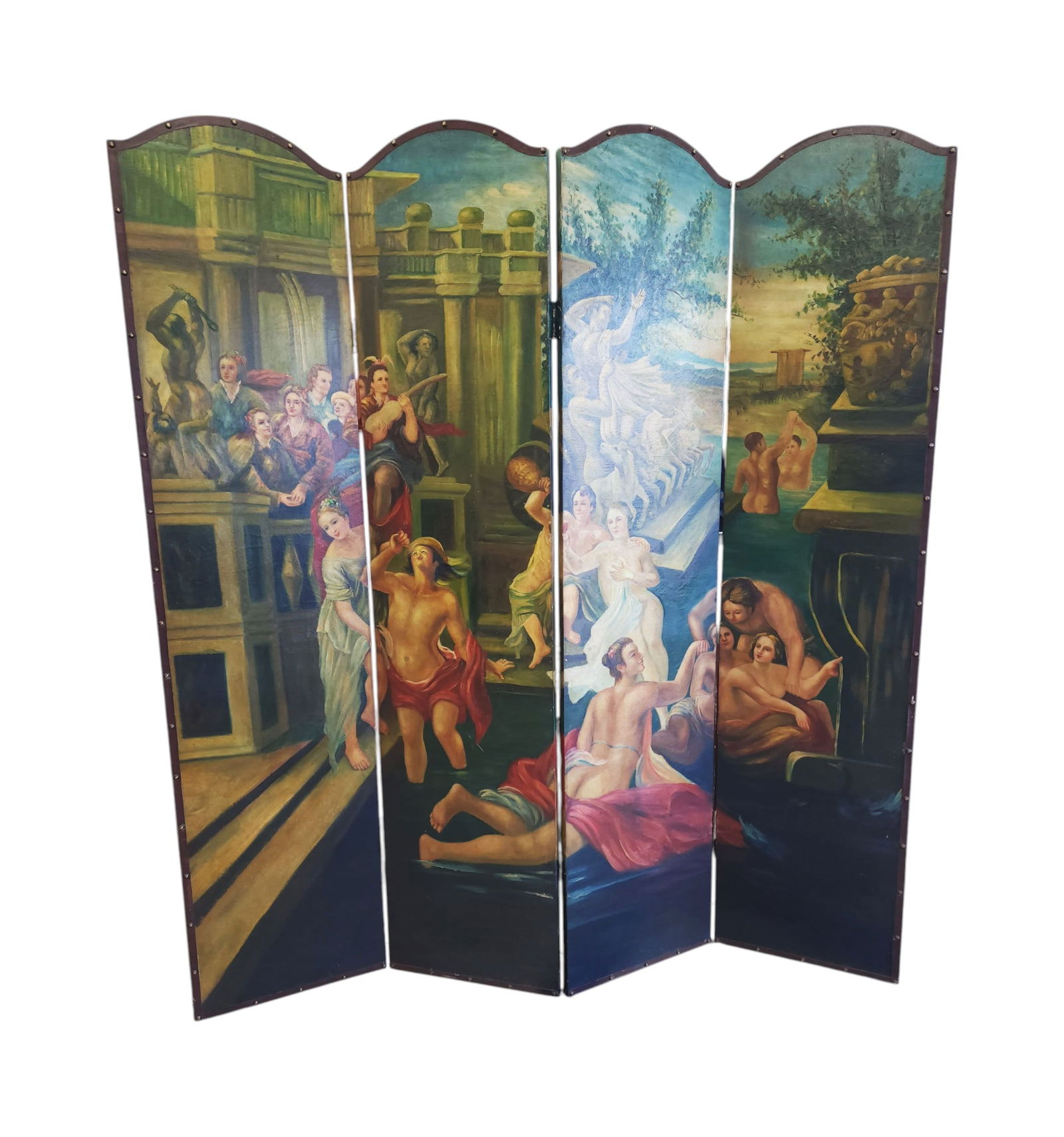 Art Nouveau hand-painted 4-door hand-painted dividing screen (1 of 7)