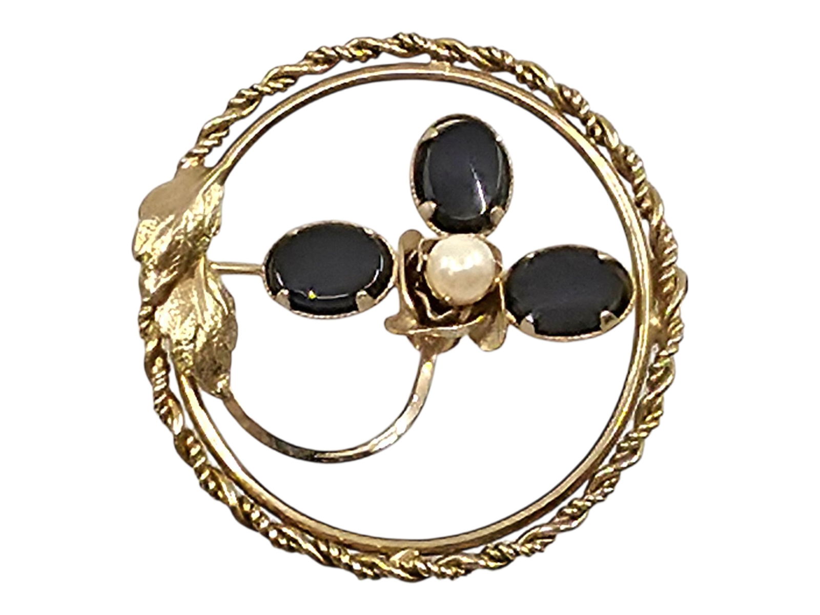 Vintage clover gold filled onyx brooch pin: excellent condition