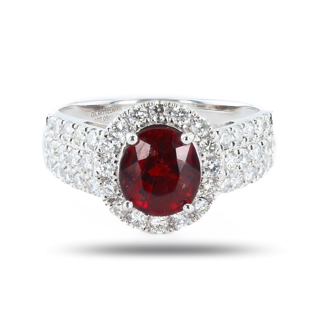 2.09ct UNHEATED Red Spinel and 0.84ctw Diamond Platinum Ring (GIA CERTIFIED): One polished, stamped, and tested platinum ring marked Oscar Friedman. The ring is mounted with: 1 genuine GIA certified spinel center stone weighing 2.09 carats, and 46 genuine round diamonds weighin