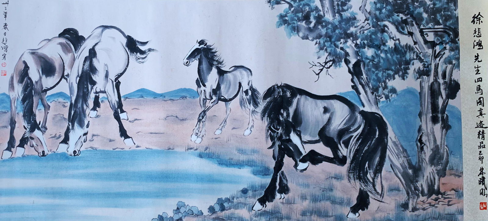 Xu Beihong (1895-1953) Chinese Painting (Four horses): Ink and color on paper, signed with seal attributed to Xu Beihong, Dimension: 53 in x 26in.