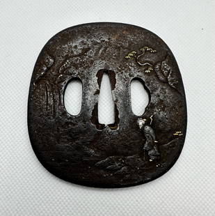 KATANA TSUBA Japanese Original Edo Sword Antique: Japanese Original Edo Antique Art: Size(mm): 84 x 78 x 4