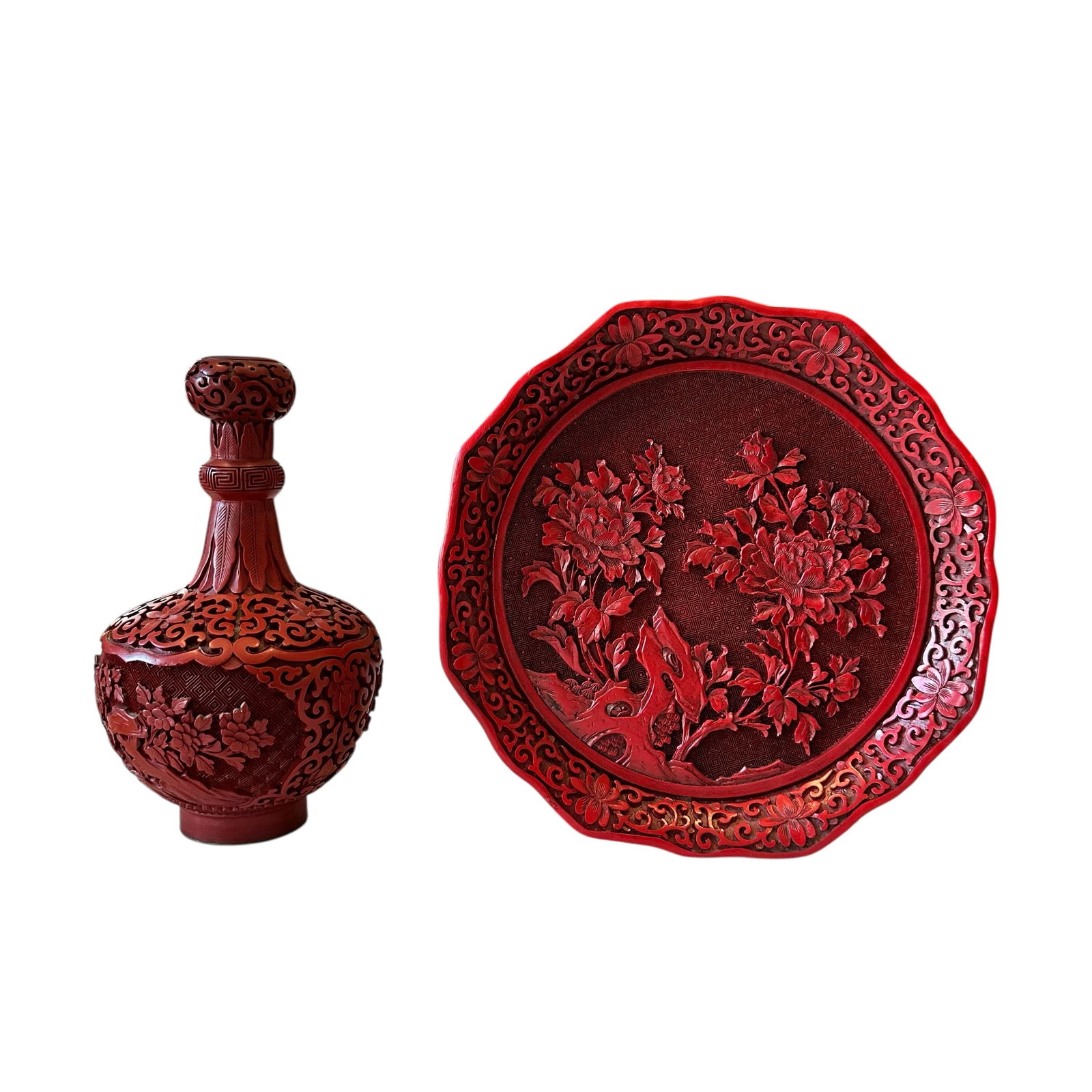 Cinnabar Lacquer Chinese Hand Carved 8” Vases