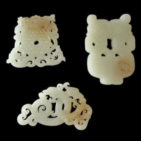 3 Superb Chinese Carved Nephrite Hetian White Jade Carved Plaque Pendant