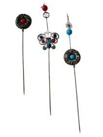 3 Old Chinese Silver inlay gem flower ornament jewelry hairpin bobby pin