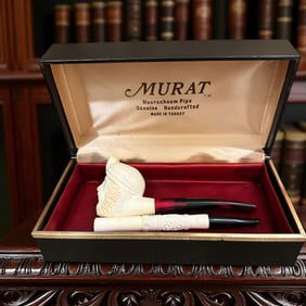 Pair of Vintage Turkish Meerschaum Carved Sultan Head Pipe & Pipette, with Case