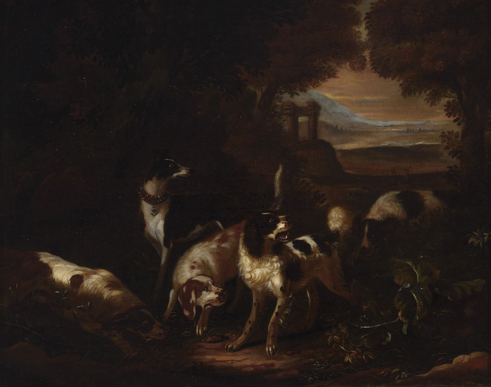 HUNTING SCENE WITH DOGS, OIL SIGNED J.B OUDRY, S.XVIII (1 of 1)