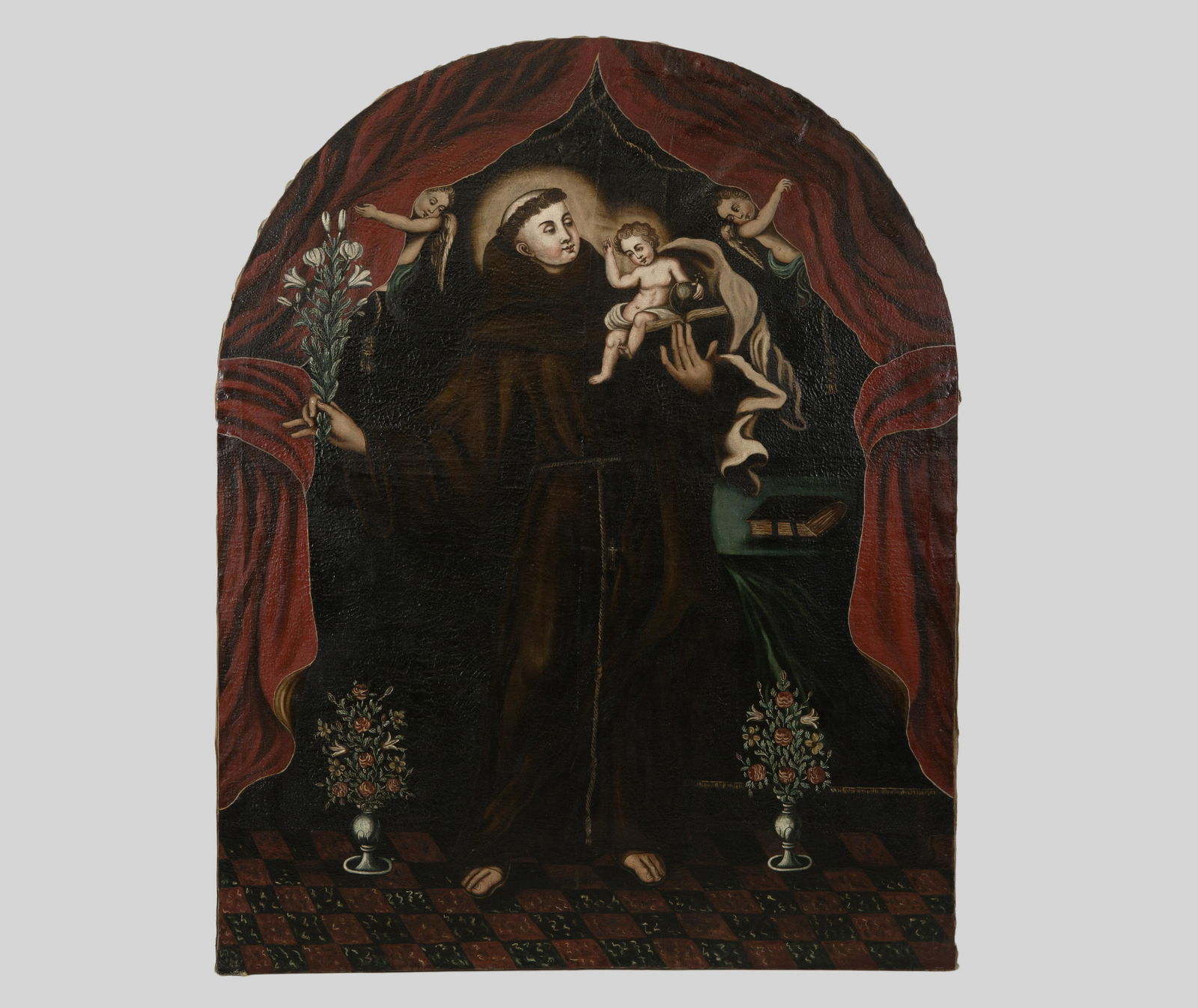 SAN ANTONIO DE PADUA CON EL NIÑO, ESCUELA COLONIAL: SAN ANTONIO DE PADUA CON EL NIÑO, ESCUELA COLONIAL S.XVIII Oil on canvas of 170 x 138cm. St. Anthony is depicted as a young imberbe dressed in the brown habit of his Franciscan Order, and cord wi
