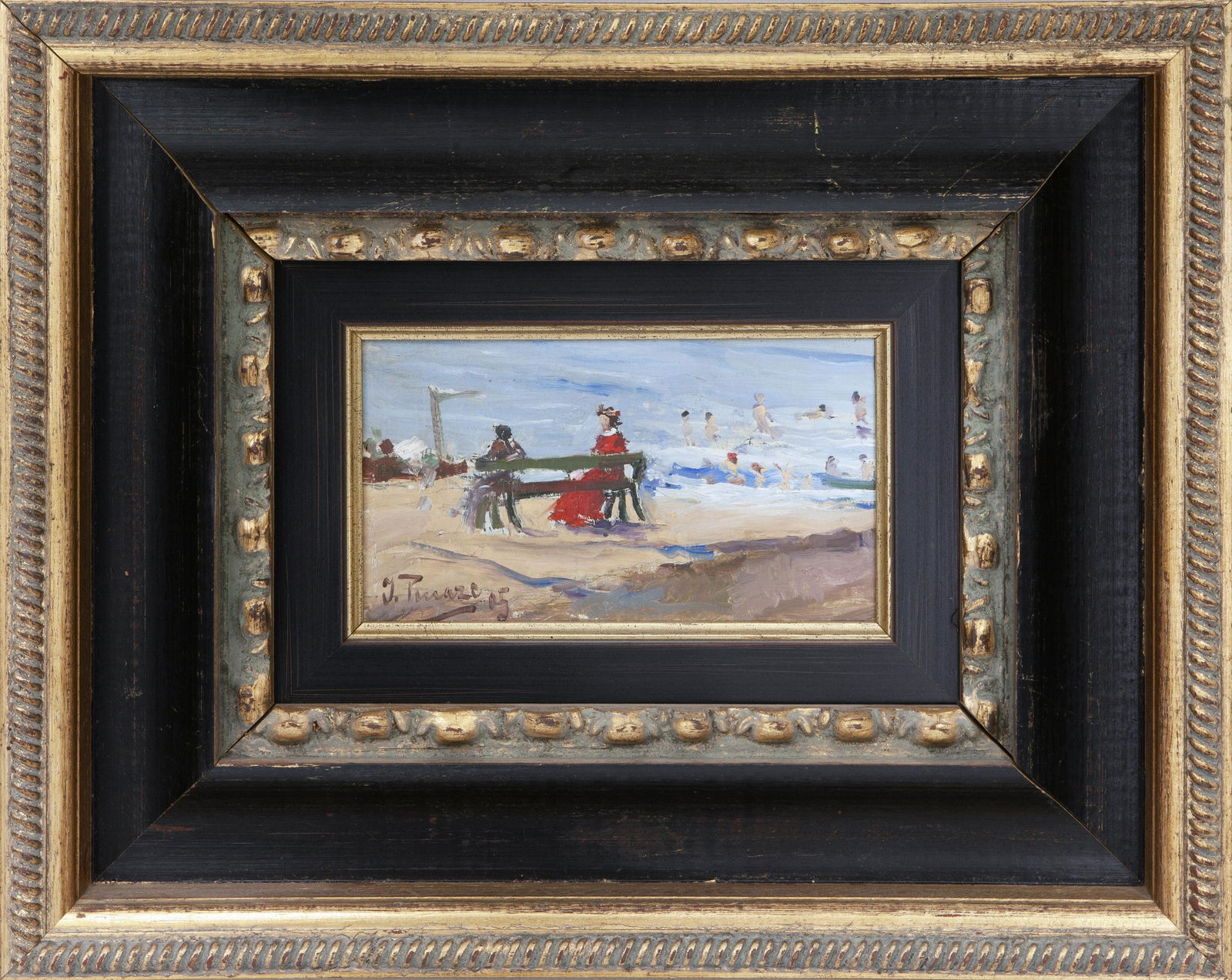 IGNACIO PINAZO CAMARLENCH (1849-1916) Valencian painter SITTING ON A BENCH Oil on panel of 12 x 21cm: IGNACIO PINAZO CAMARLENCH (1849-1916) Valencian painter SITTING ON A BENCH Oil on panel of 12 x 21cm Signed in the lower left corner