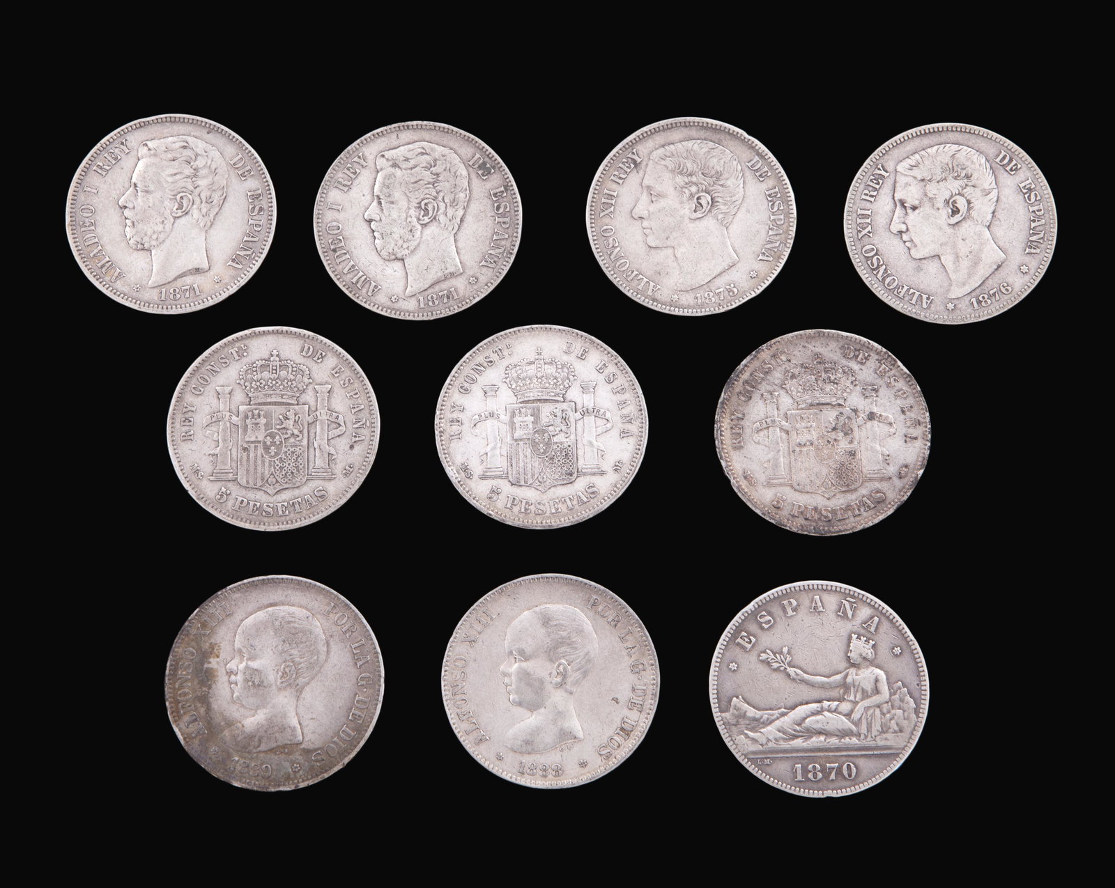 SPANISH SILVER 5 PESETAS COINS FROM THE PERIOD 1870 TO 1889.  Ten coins of 5 silver pesetas, (1 of 1)