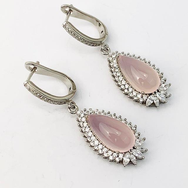 Sterling Pink Rose Quartz & White CZ Ring Earrings (1 of 3)