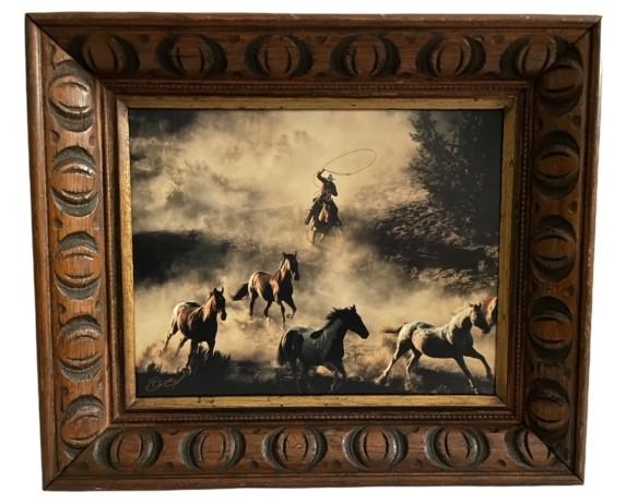 The Last Roundup Signed Photo Comes With COA: This photo by Don Schimmel won the Photograph of the Year in the Los Angeles Times. It was copyrighted in 1995. It is well framed and a beautiful piece. It measures 11.5 x 13.5 inches.