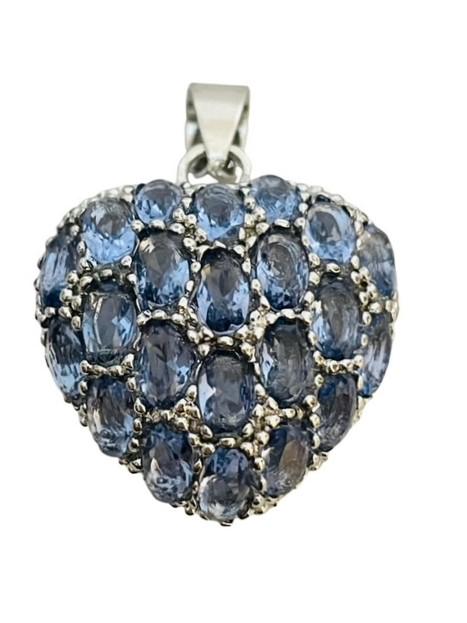 Sterling Heart Pendant with Purple Stones: It weighs 7.38 grams and is 1.75" long and 1" wide.