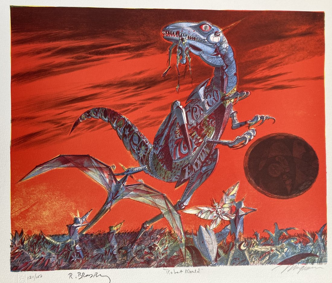 RAY BRADBURY Signed JOE MUGNAINI Martian Chronicles LITHOGRAPH: Up for auction is a rare limited edition lithograph signed by Ray Bradbury and Joseph Mugnaini entitled Robot World. This lithograph came from the Ten Views of the Moon portfolio printed by Lynton Kis