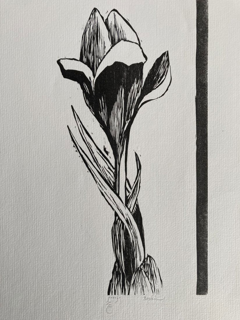 LEONARD BASKIN Signed WOODBLOCK PRINT Tulip ARTIST PROOF: Up for auction is a beautiful signed black and white woodblock print by Leonard Baskin. The print depicts a single tuplip. The print is signed in pencil on the lower right of the print and also has a