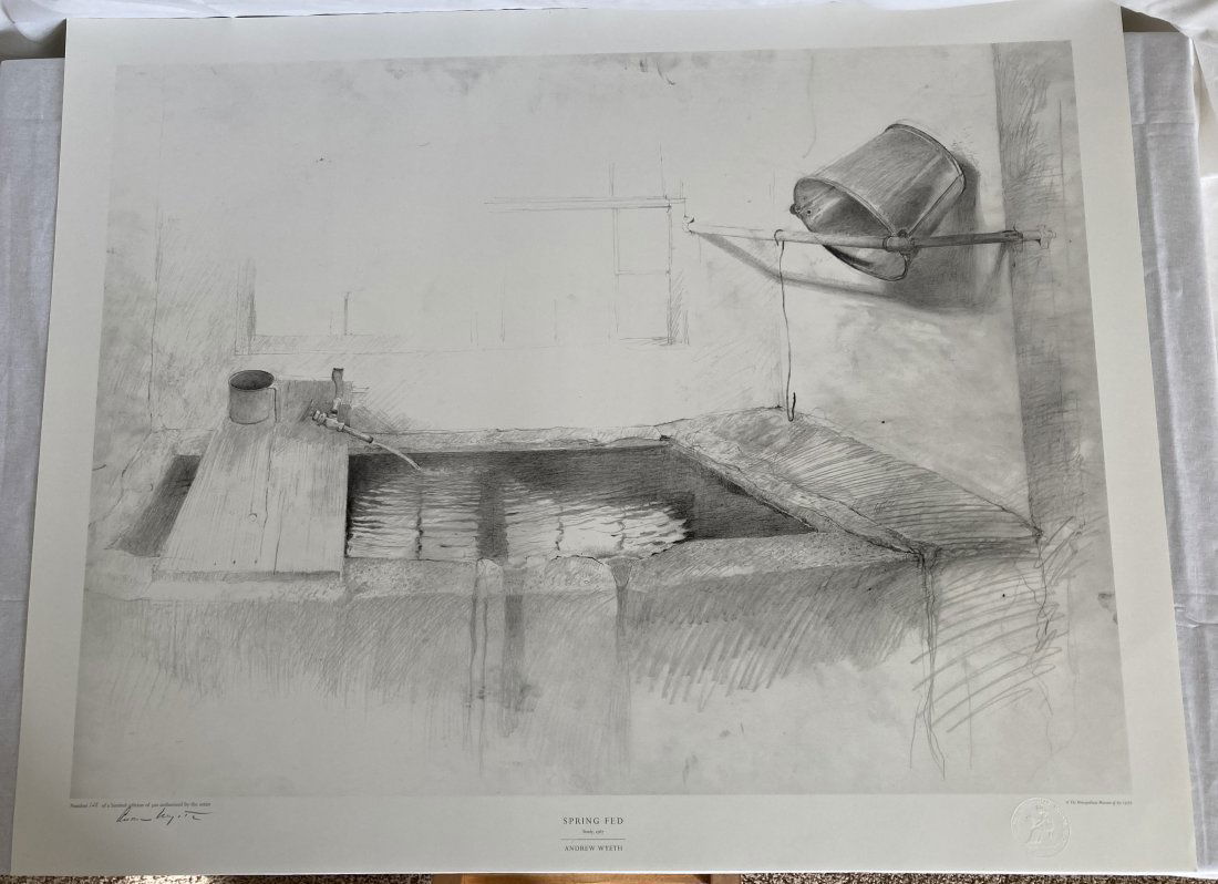 ANDREW WYETH Pencil Signed & Numbered COLLOTYPE Metropolitan Museum SPRING FED: Up for auction is an Andrew Wyeth (1917-2009) pencil signed limited edition collotype print entitled Spring Fed and published by the Metropolitan Museum of Art in 1976. This collotype is a pencil draw