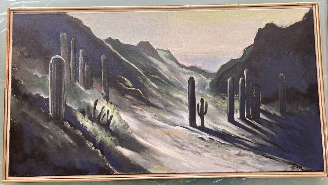 LOWELL NESBITT Signed Oil Painting CACTUS TRAIL II: Up for auction is a signed, original oil on canvas by listed New York artist Lowell Nesbitt (1933-1993). The painting was produced in 1984. The canvas is signed in black oil paint on the back of the c
