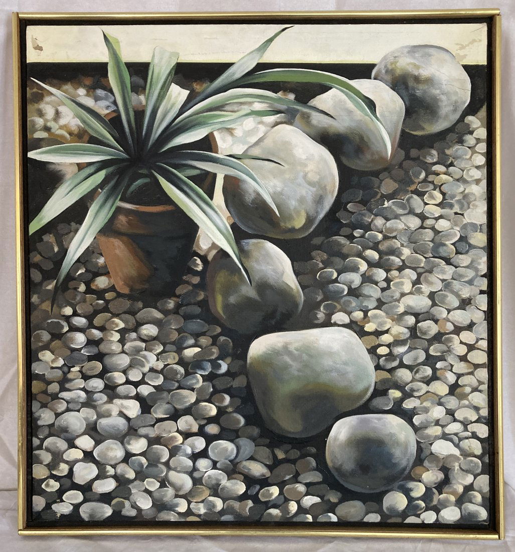 LOWELL NESBITT Signed Oil Painting PLANT AND ROCKS 1976: Up for auction is a signed, original oil on canvas by listed New York artist Lowell Nesbitt (1933-1993). The painting was produced in 1976. The canvas is signed in black oil paint on the back of the c