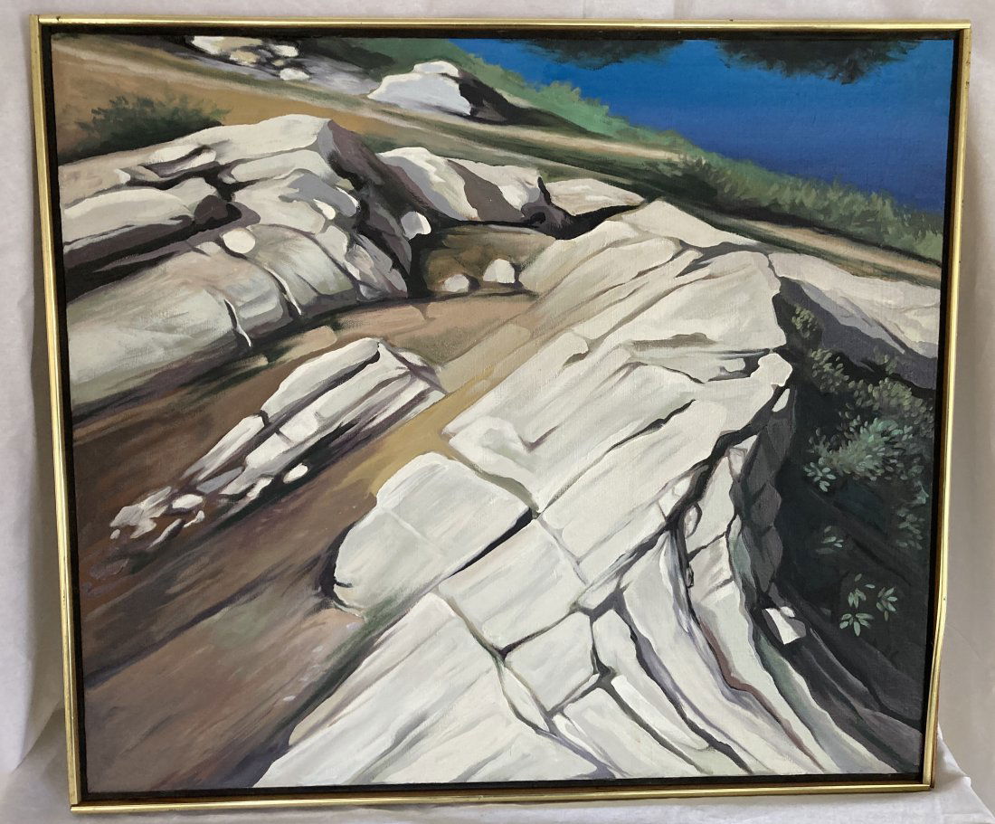 LOWELL NESBITT Signed Oil Painting COLORADO ROCKS 1975: Up for auction is a signed, original oil on canvas by listed New York artist Lowell Nesbitt (1933-1993). The painting was produced in 1975. The canvas is signed in black oil paint on the back of the c